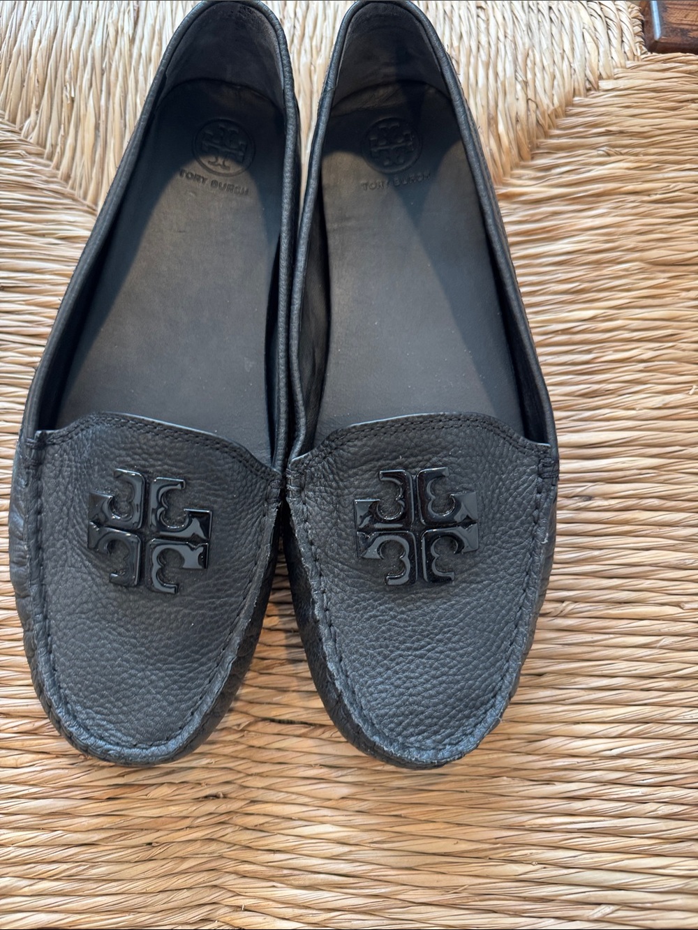 Tory Burch Black Pebbled Leather Logo Moccasins